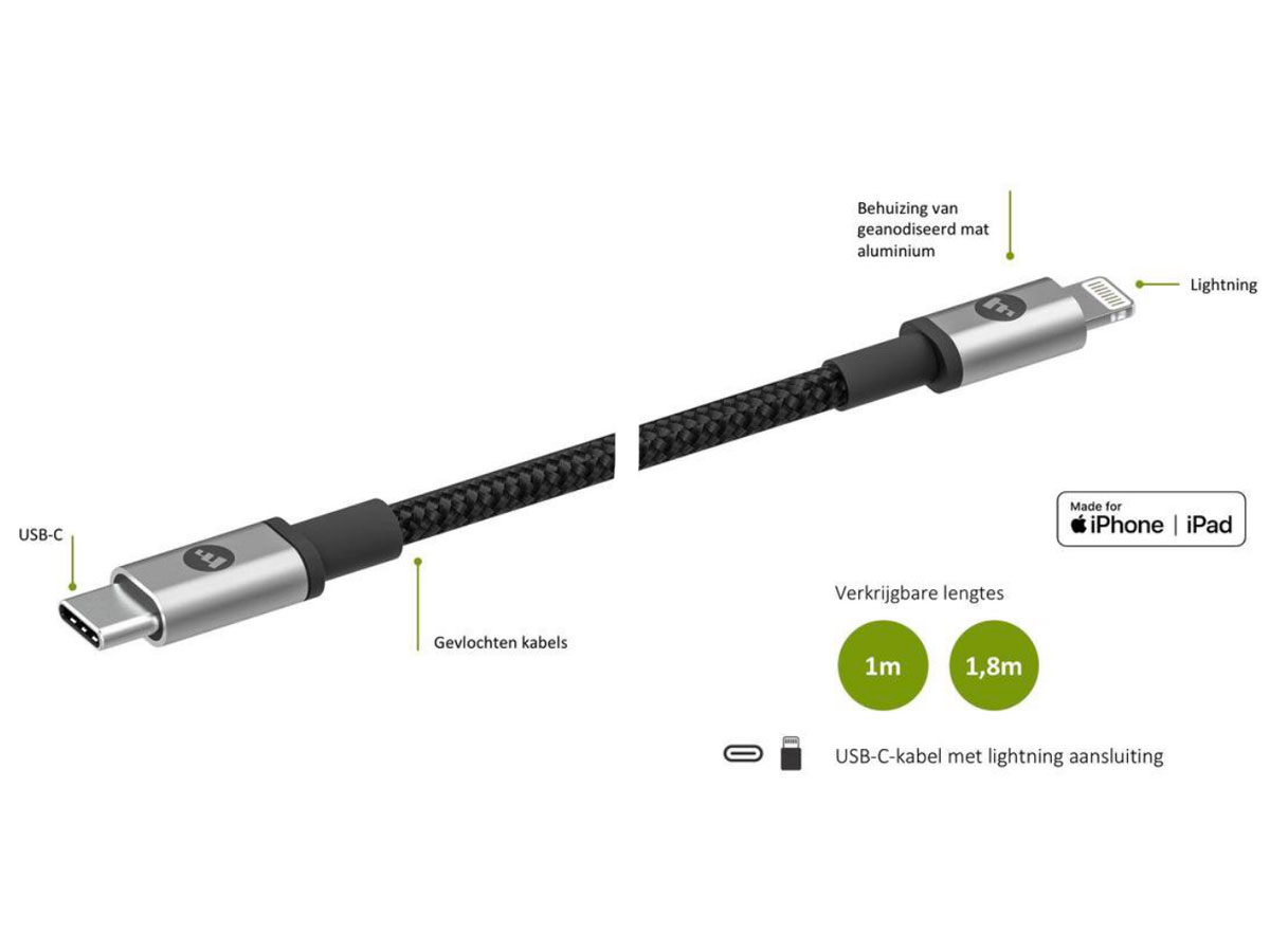 Mophie USB-C naar Lightning Kabel 100cm Zwart