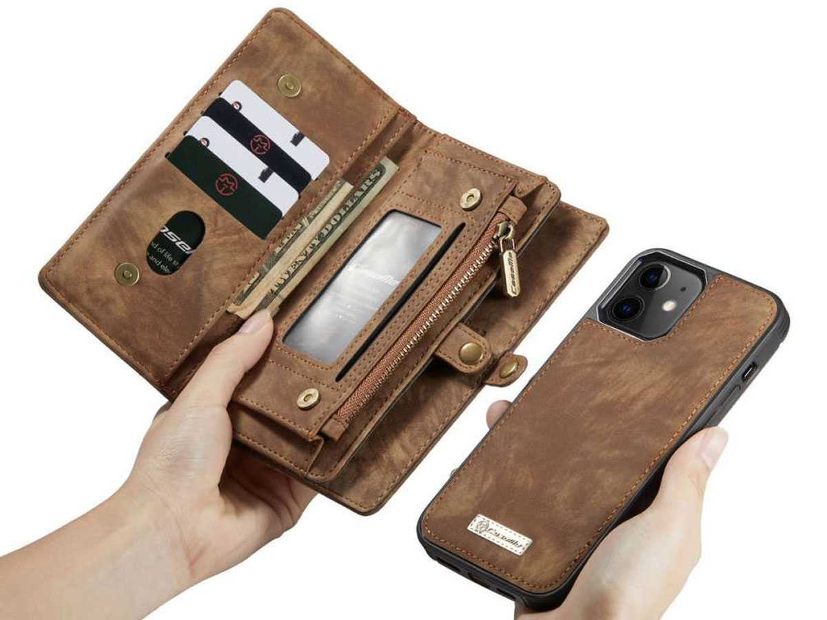 CaseMe 2in1 Wallet Case met Ritsvak Bruin - iPhone 12 Mini Hoesje