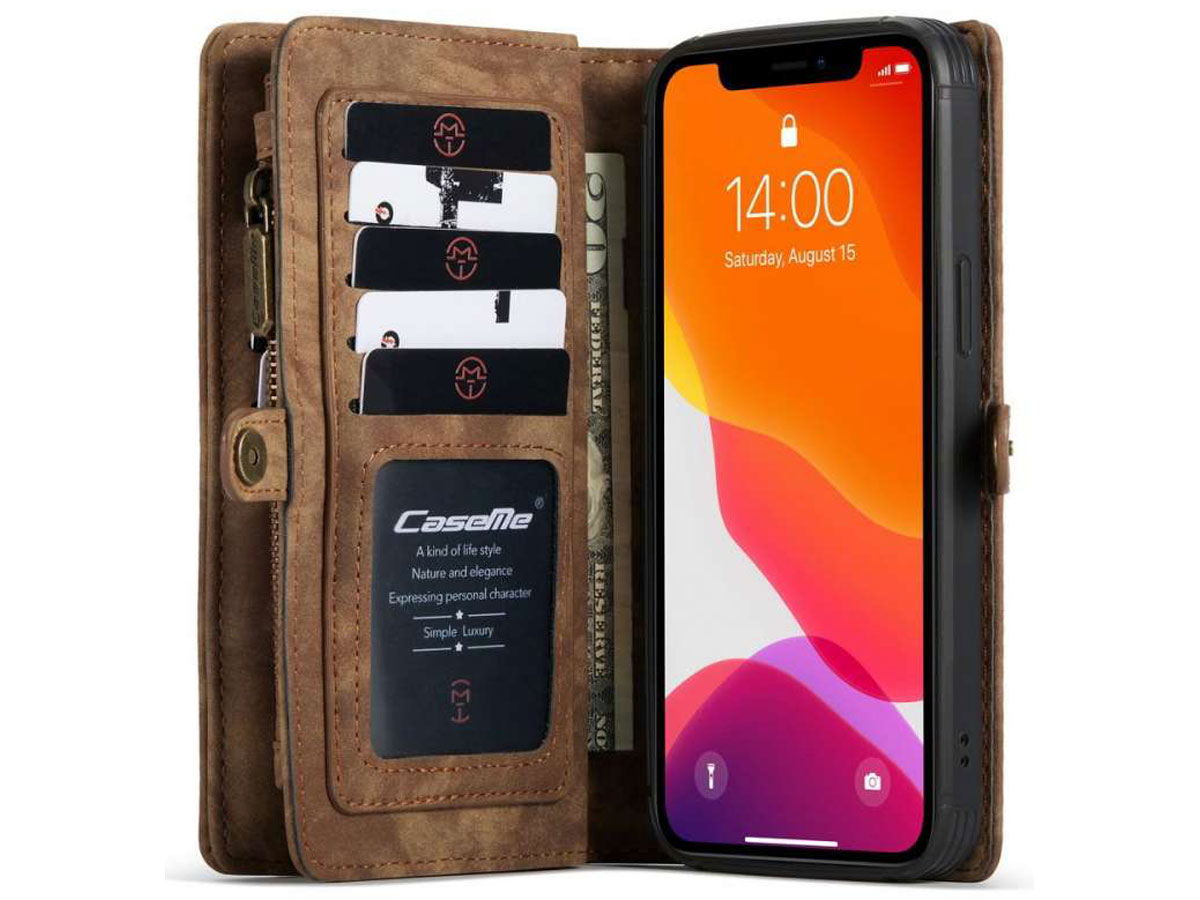 CaseMe 2in1 Wallet Case met Ritsvak Bruin - iPhone 12 Mini Hoesje