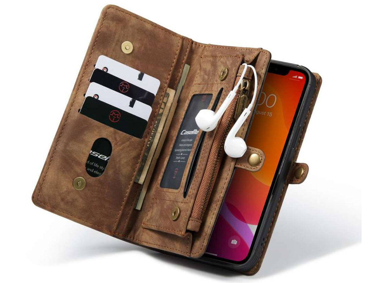 CaseMe 2in1 Wallet Case met Ritsvak Bruin - iPhone 12 Mini Hoesje