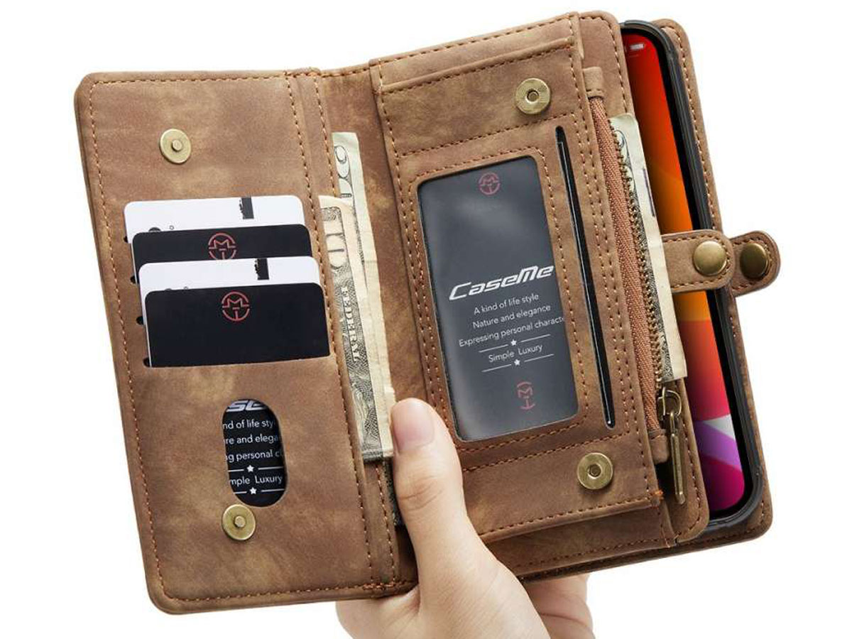 CaseMe 2in1 Wallet Case met Ritsvak Bruin - iPhone 12 Mini Hoesje