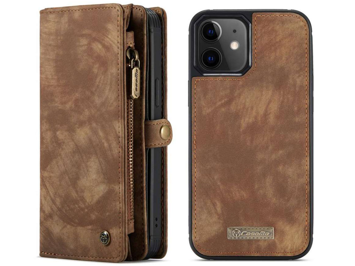 CaseMe 2in1 Wallet Case met Ritsvak Bruin - iPhone 12 Mini Hoesje