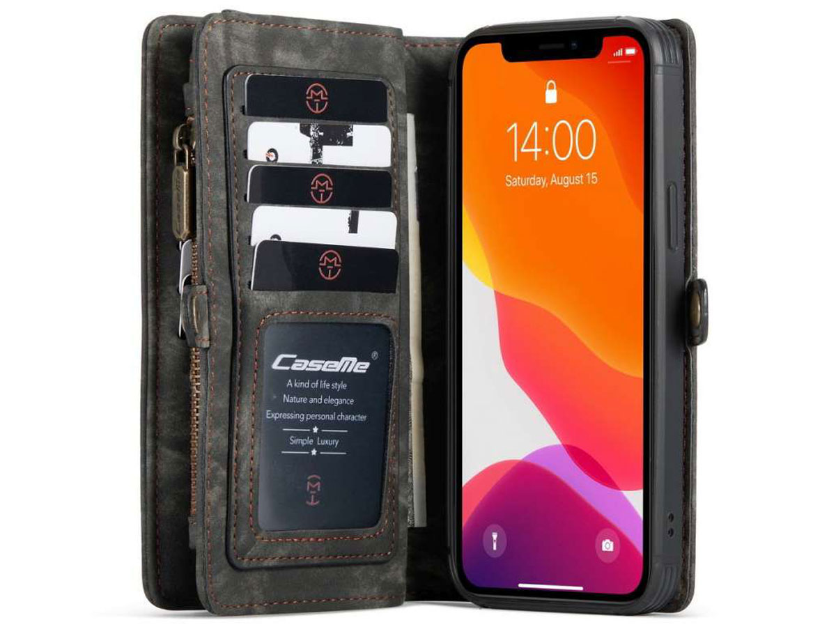CaseMe 2in1 Wallet Case met Ritsvak Zwart - iPhone 12 Mini Hoesje