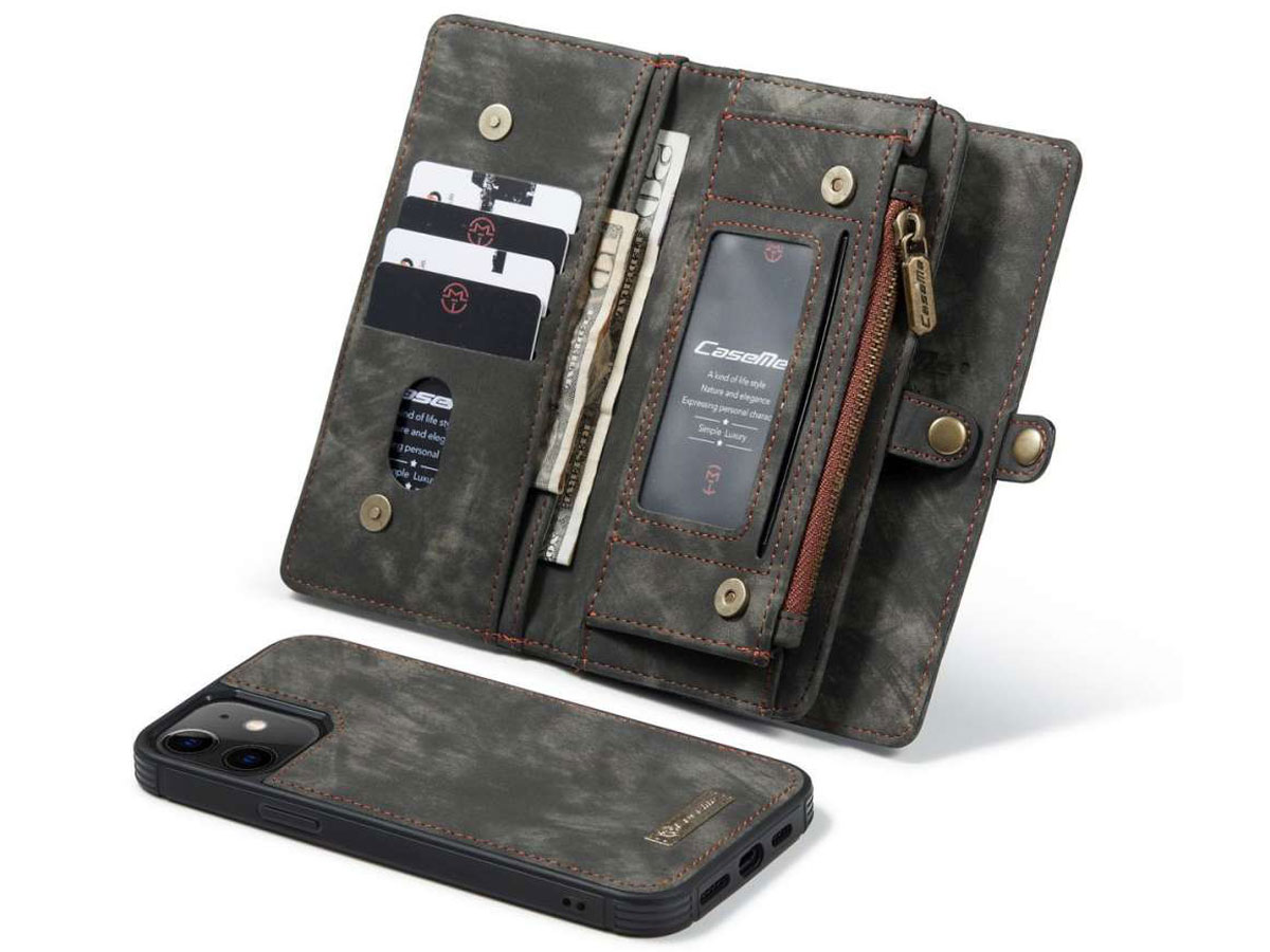 CaseMe 2in1 Wallet Case met Ritsvak Zwart - iPhone 12 Mini Hoesje