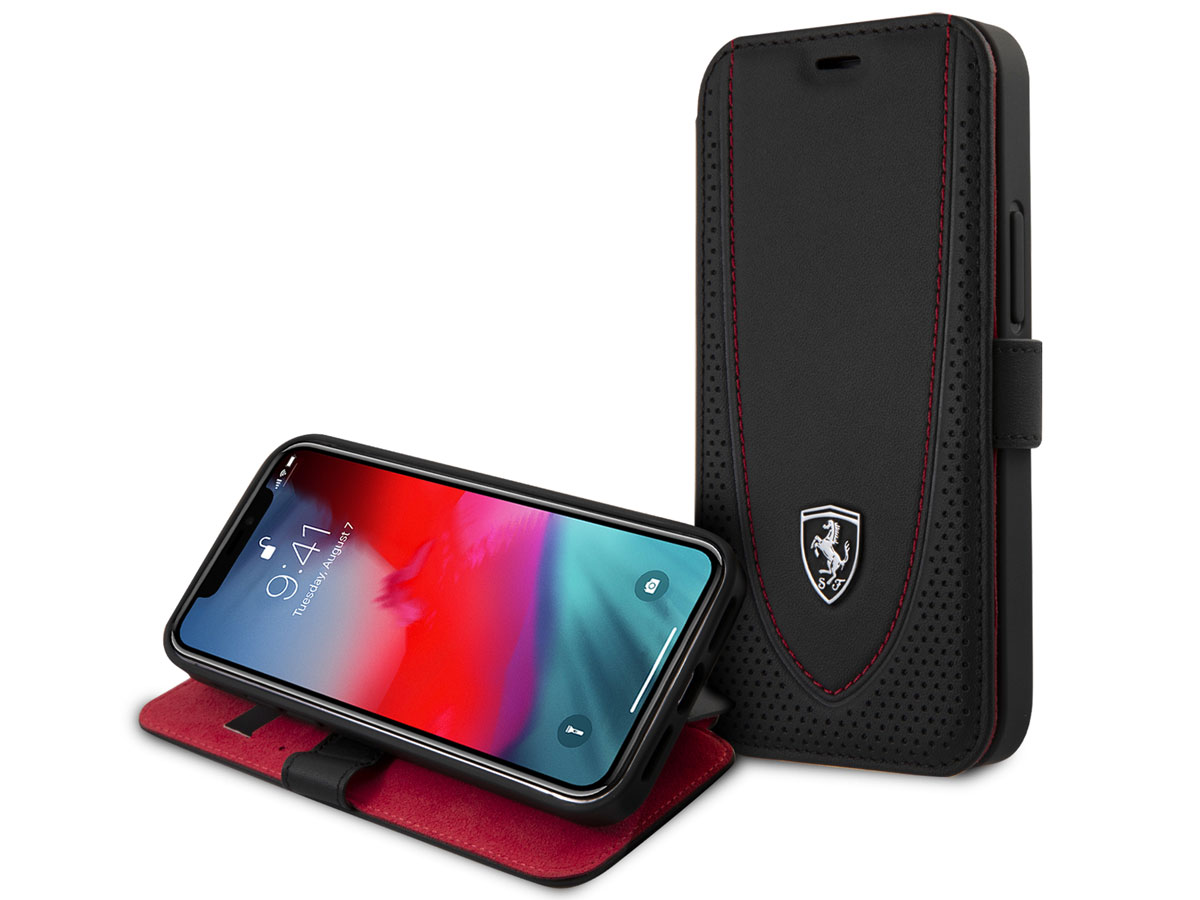 Ferrari Off Track Perforated Leather Bookcase Zwart - iPhone 12 Mini Hoesje