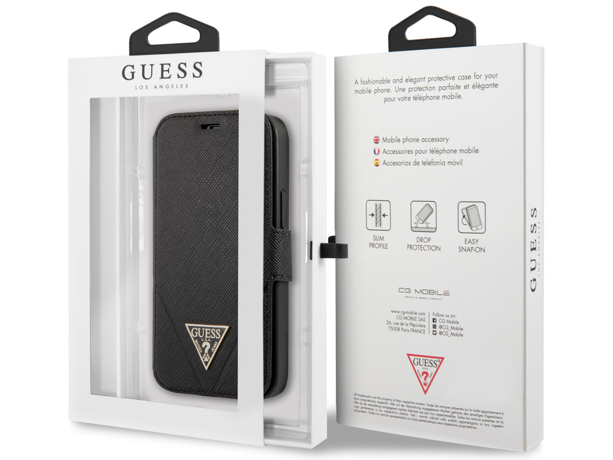 Guess Saffiano BookCase Zwart - iPhone 12 Mini hoesje