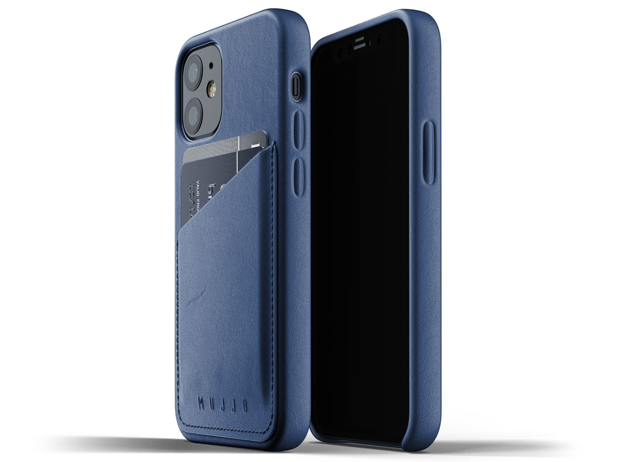 Mujjo Full Leather Wallet Case Blauw - iPhone 12 Mini Hoesje Leer