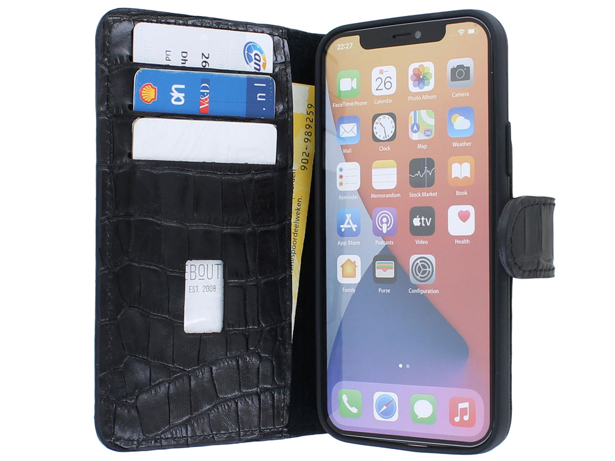 Classic Croco Leather Book Case Zwart - iPhone 12/12 Pro hoesje