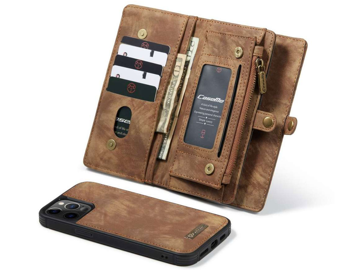 CaseMe 2in1 Wallet Case met Ritsvak Bruin - iPhone 12/12 Pro Hoesje