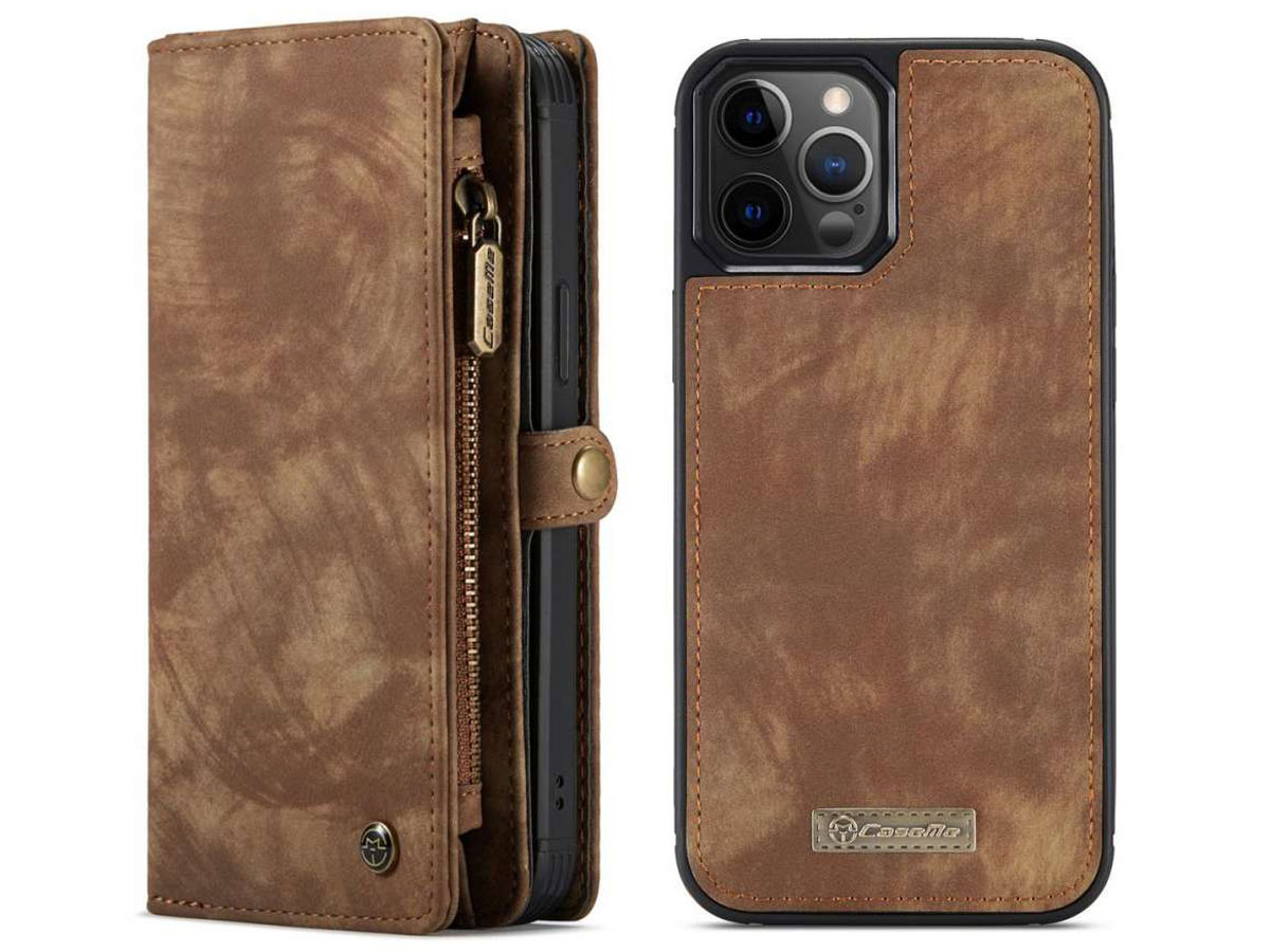 CaseMe 2in1 Wallet Case met Ritsvak Bruin - iPhone 12/12 Pro Hoesje