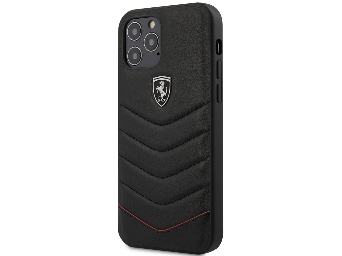 Ferrari Quilted Leather Case Zwart - iPhone 12/12 Pro Hoesje