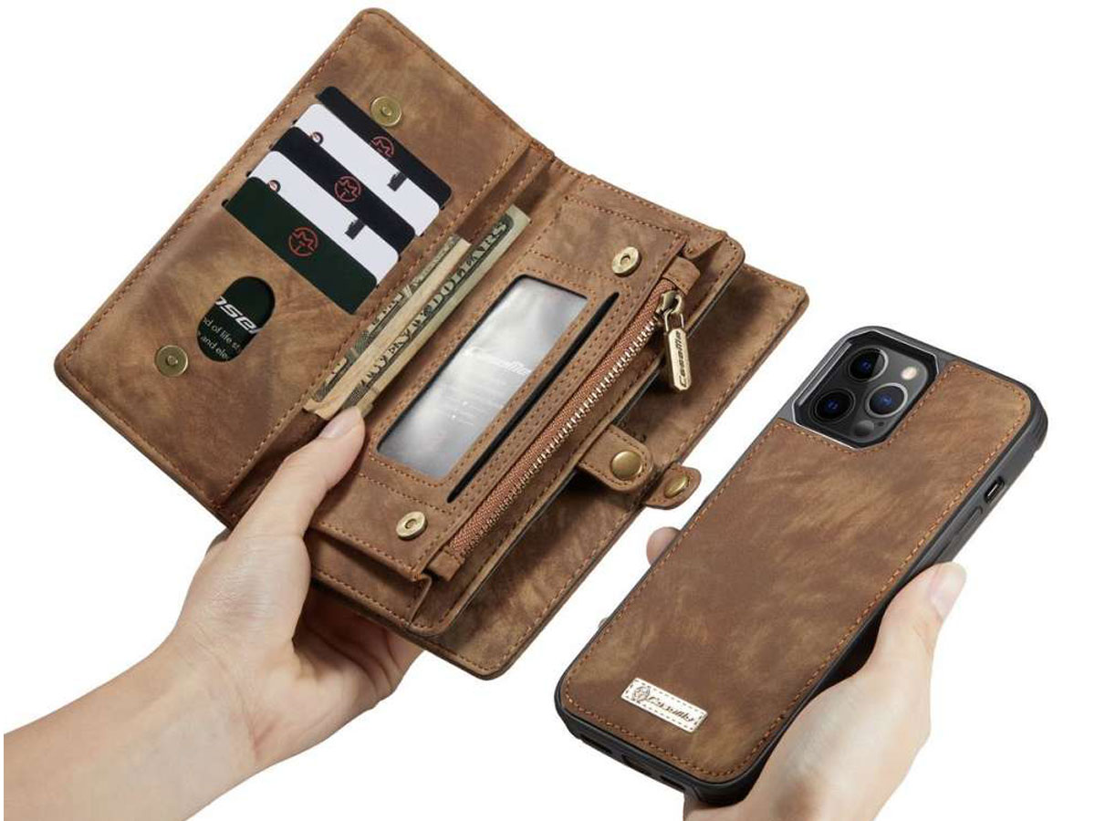 CaseMe 2in1 Wallet Case met Ritsvak Bruin - iPhone 12 Pro Max Hoesje