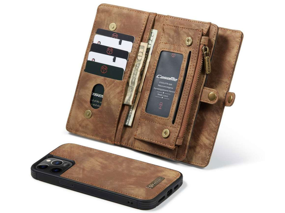 CaseMe 2in1 Wallet Case met Ritsvak Bruin - iPhone 12 Pro Max Hoesje