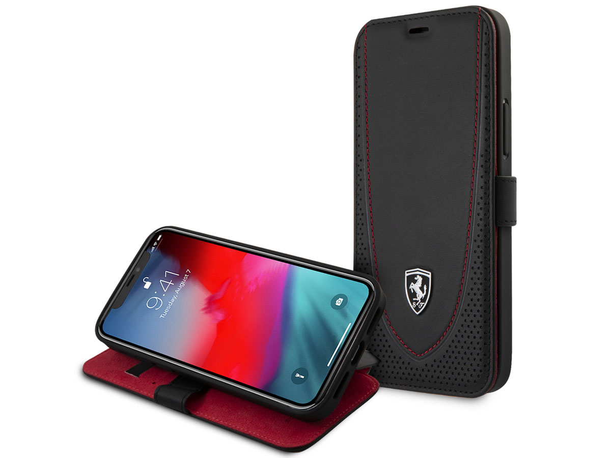 Ferrari Off Track Perforated Leather Bookcase Zwart - iPhone 12 Pro Max Hoesje