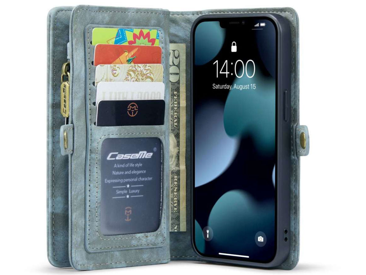 CaseMe 2in1 Wallet Case met Ritsvak Blauw - iPhone 13 Hoesje