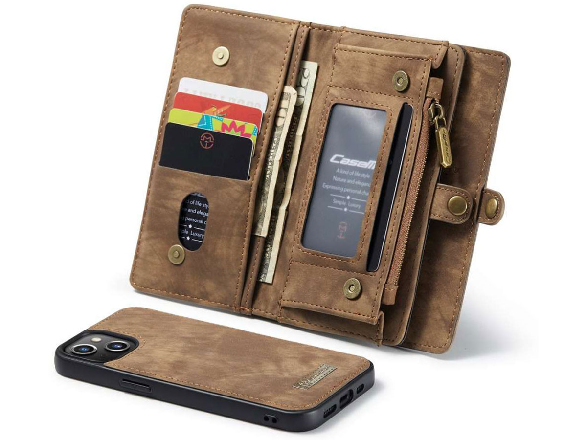 CaseMe 2in1 Wallet Case met Ritsvak Bruin - iPhone 13 Hoesje