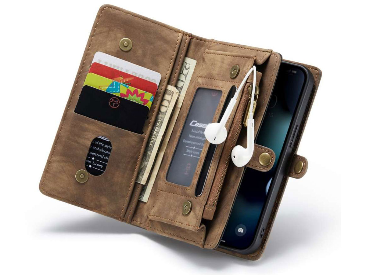 CaseMe 2in1 Wallet Case met Ritsvak Bruin - iPhone 13 Hoesje