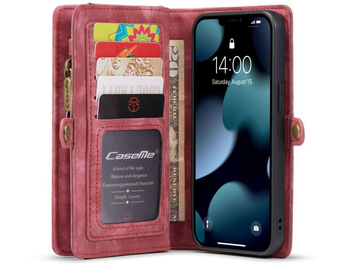 CaseMe 2in1 Wallet Case met Ritsvak Rood - iPhone 13 Hoesje