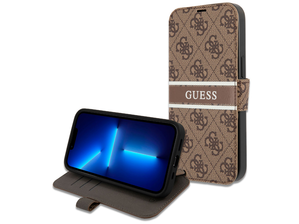 Guess Stripe 4G Monogram BookCase Bruin - iPhone 13 hoesje