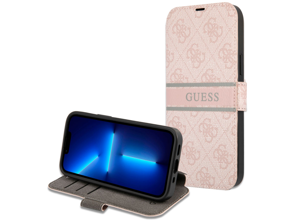 Guess Stripe 4G Monogram BookCase Roze - iPhone 13 hoesje