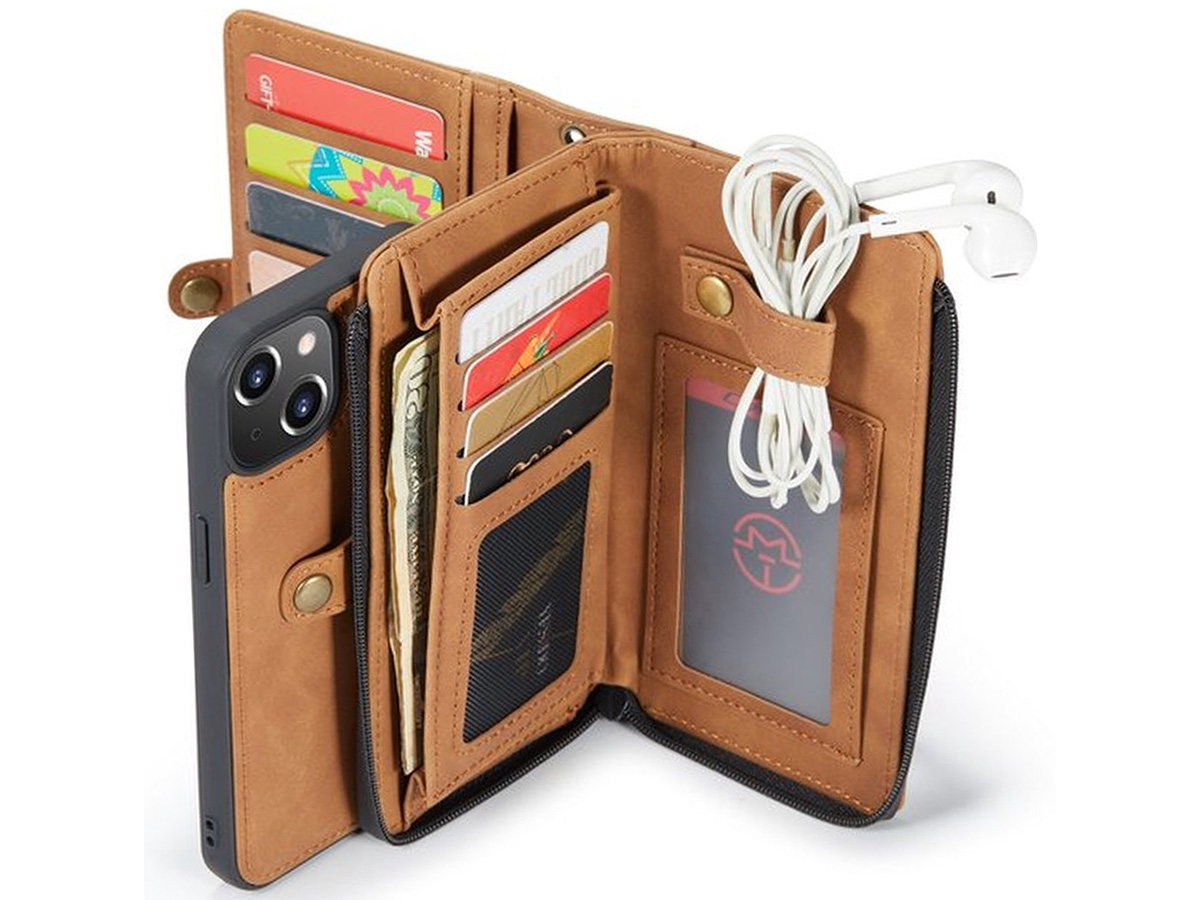 CaseMania 2in1 Wallet Case met Ritsvak Bruin - iPhone 13 Mini Hoesje