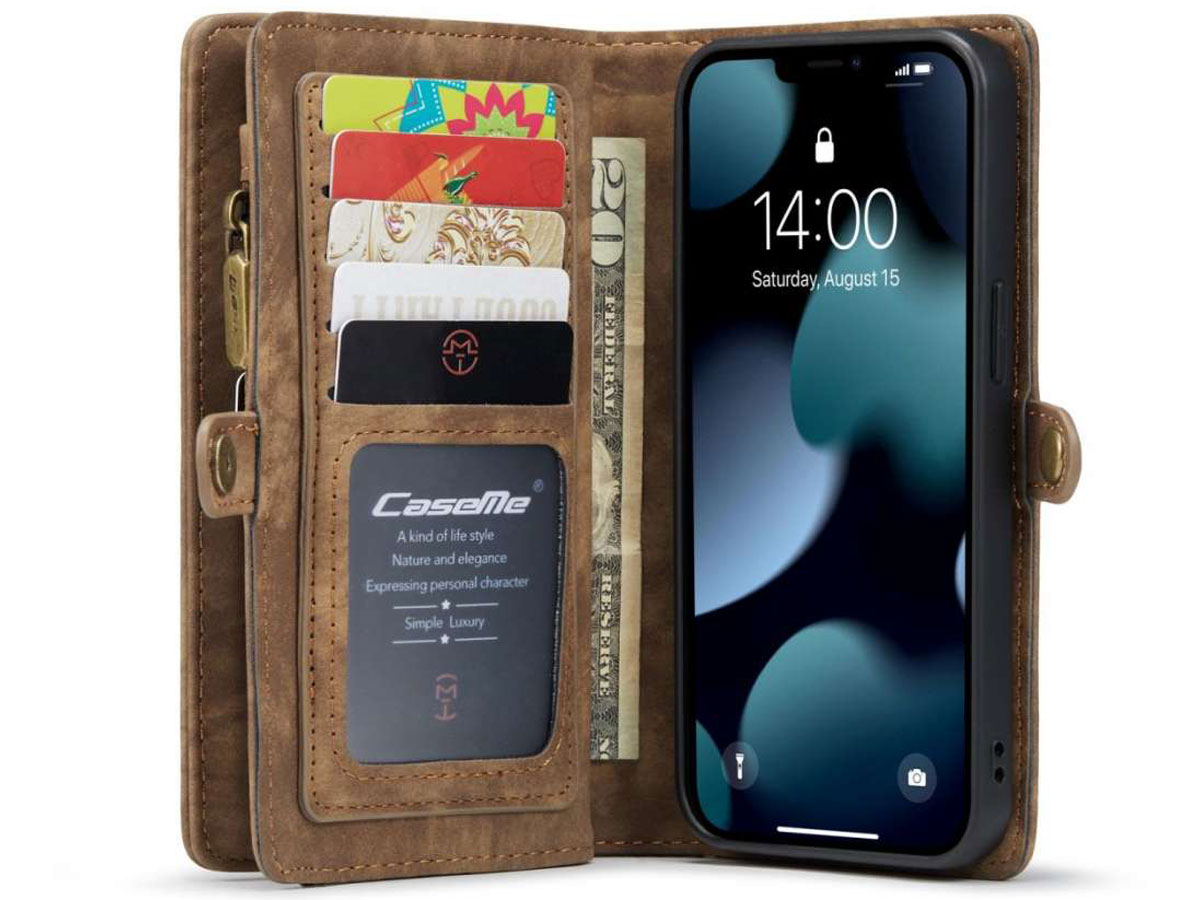 CaseMe 2in1 Wallet Case met Ritsvak Bruin - iPhone 13 Mini Hoesje
