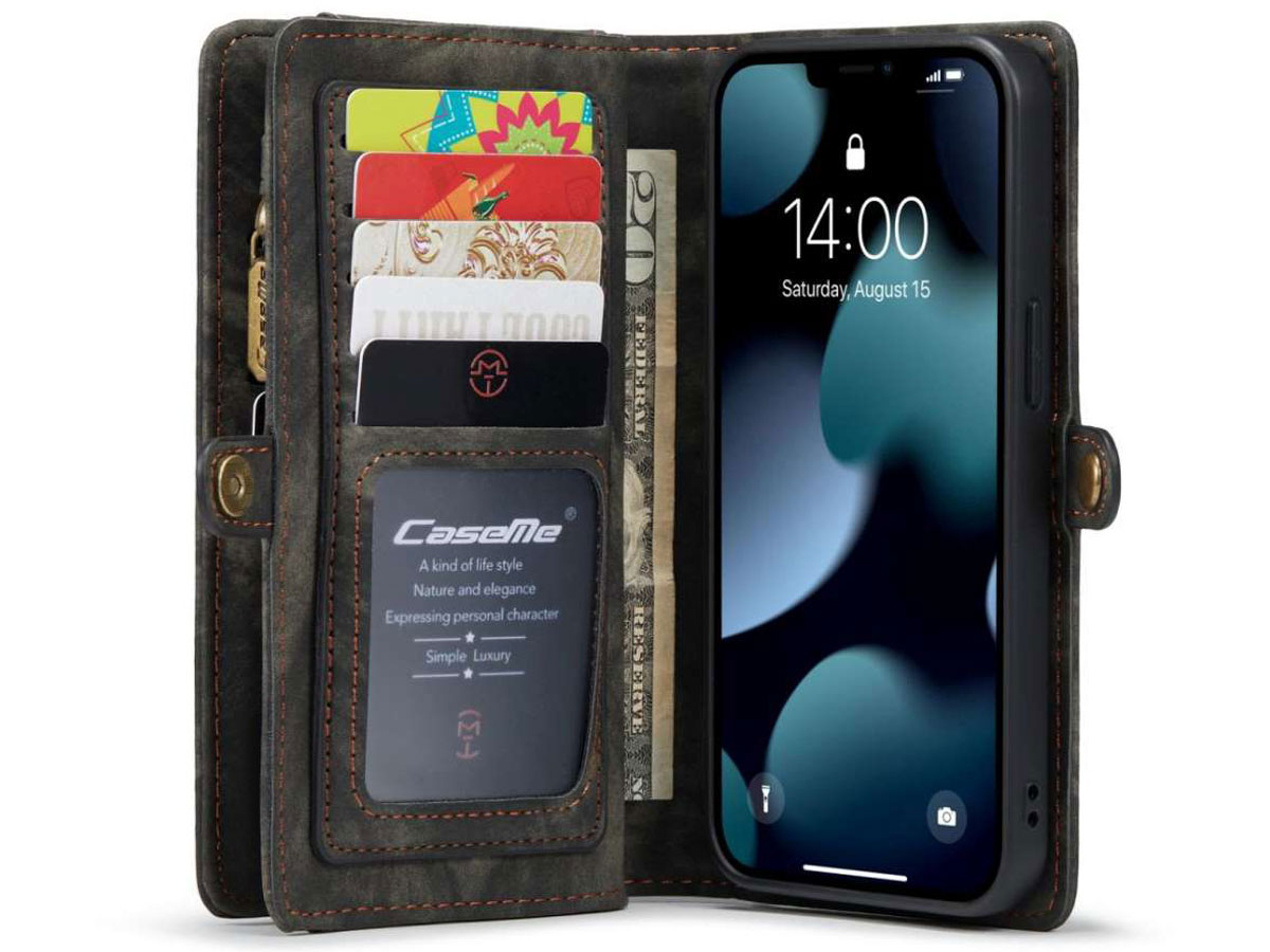 CaseMe 2in1 Wallet Case met Ritsvak Zwart - iPhone 13 Mini Hoesje