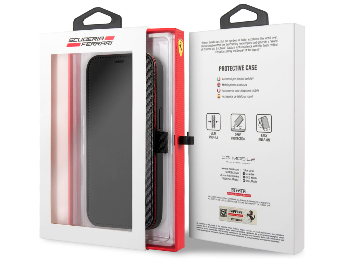 Ferrari Carbon Stripe Bookcase Zwart - iPhone 13 Mini Hoesje