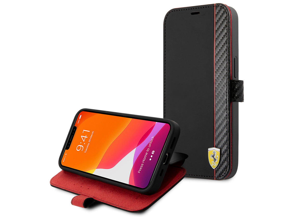 Ferrari Carbon Stripe Bookcase Zwart - iPhone 13 Mini Hoesje