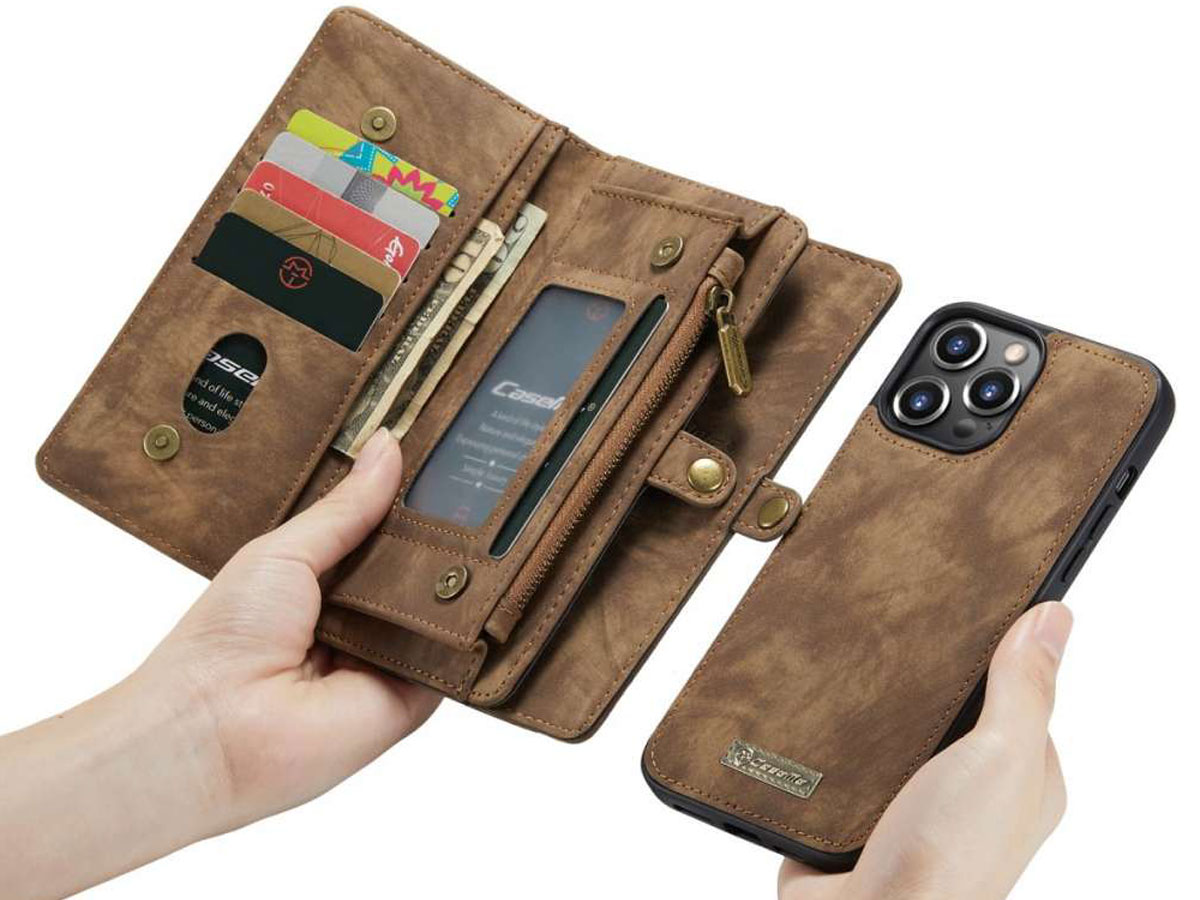 CaseMe 2in1 Wallet Case met Ritsvak Bruin - iPhone 13 Pro Hoesje