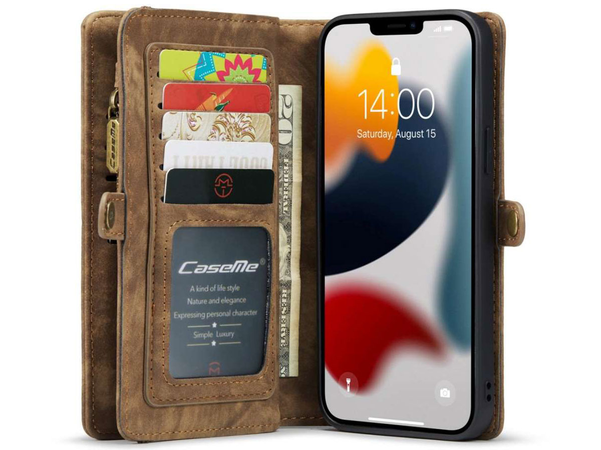 CaseMe 2in1 Wallet Case met Ritsvak Bruin - iPhone 13 Pro Hoesje