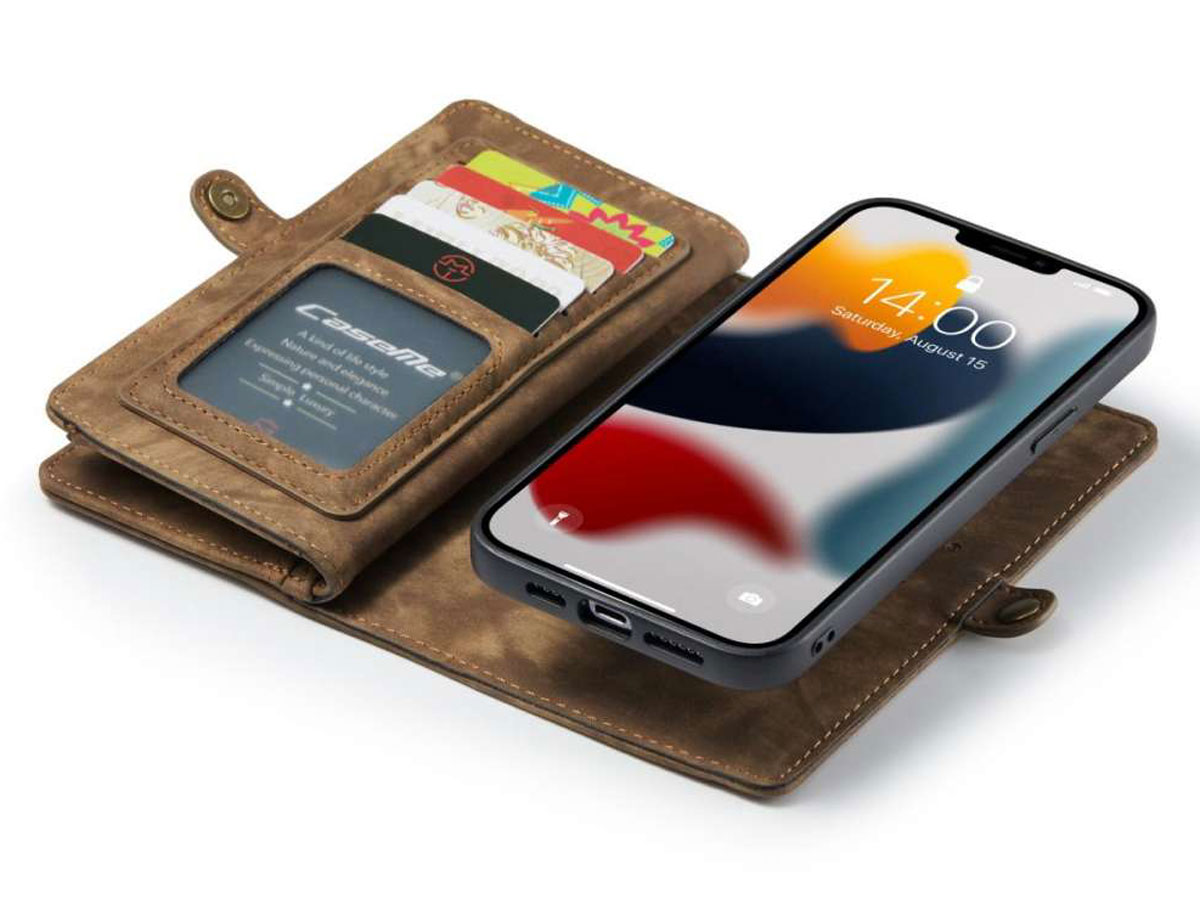 CaseMe 2in1 Wallet Case met Ritsvak Bruin - iPhone 13 Pro Hoesje