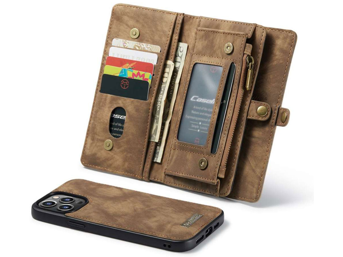 CaseMe 2in1 Wallet Case met Ritsvak Bruin - iPhone 13 Pro Hoesje