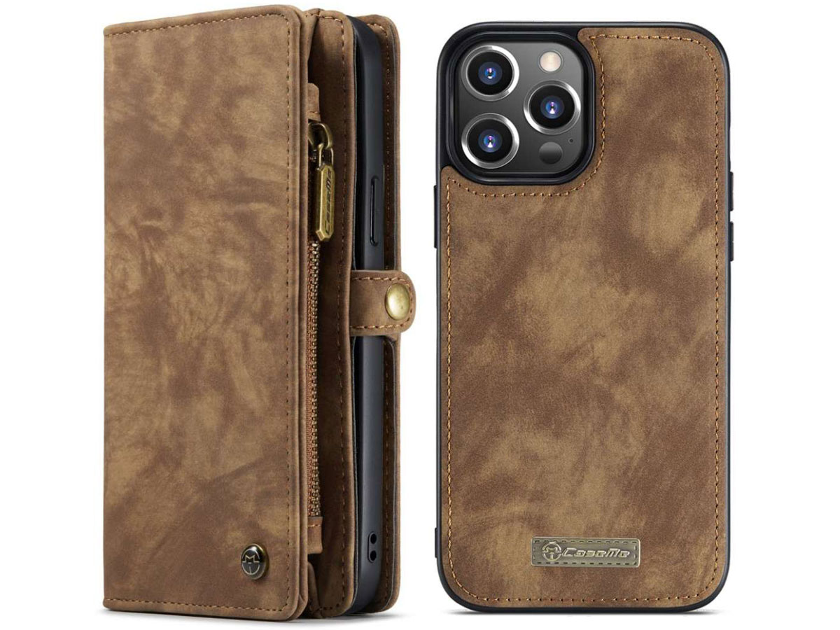 CaseMe 2in1 Wallet Case met Ritsvak Bruin - iPhone 13 Pro Hoesje