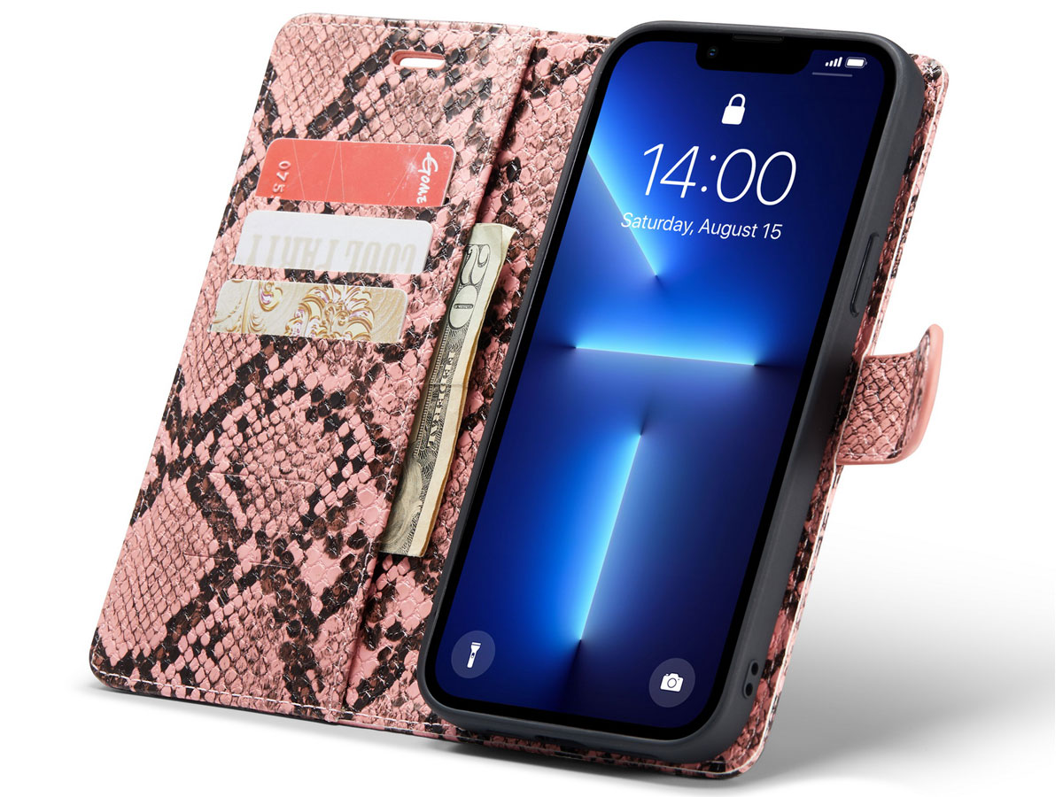 CaseMania Snake 2in1 Magnetic Bookcase Roze - iPhone 13 Pro Hoesje