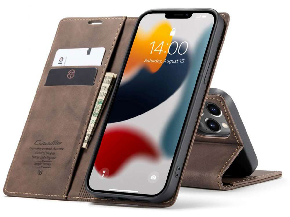 CaseMania Vintage Slim Bookcase Bruin - iPhone 13 Pro hoesje