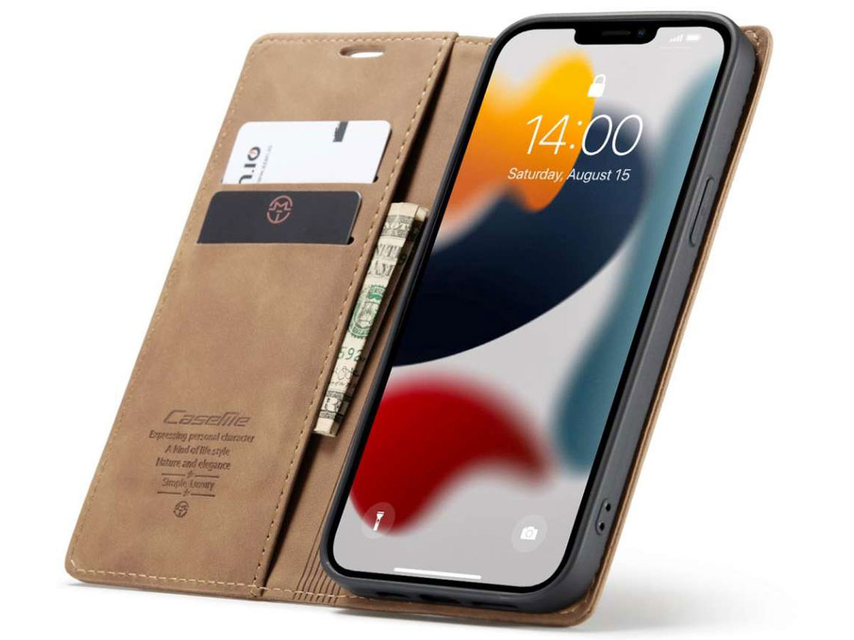 CaseMania Vintage Slim Bookcase Tan - iPhone 13 Pro hoesje