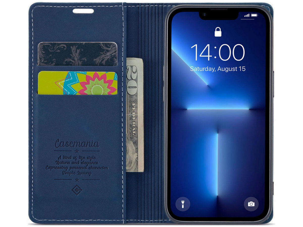 CaseMania Vintage Slim Bookcase Donkerblauw - iPhone 13 Pro hoesje