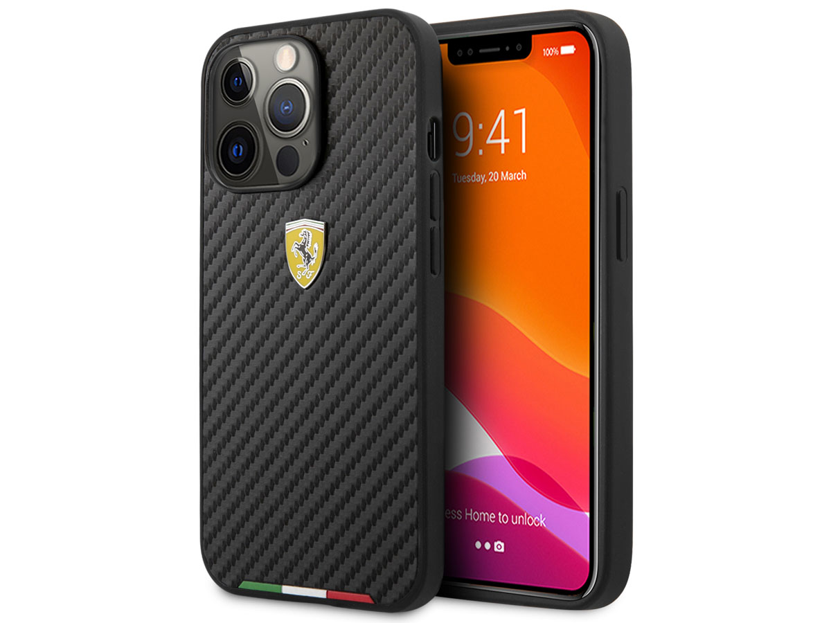 Ferrari Italia Carbon Look Case - iPhone 13 Pro Hoesje Zwart