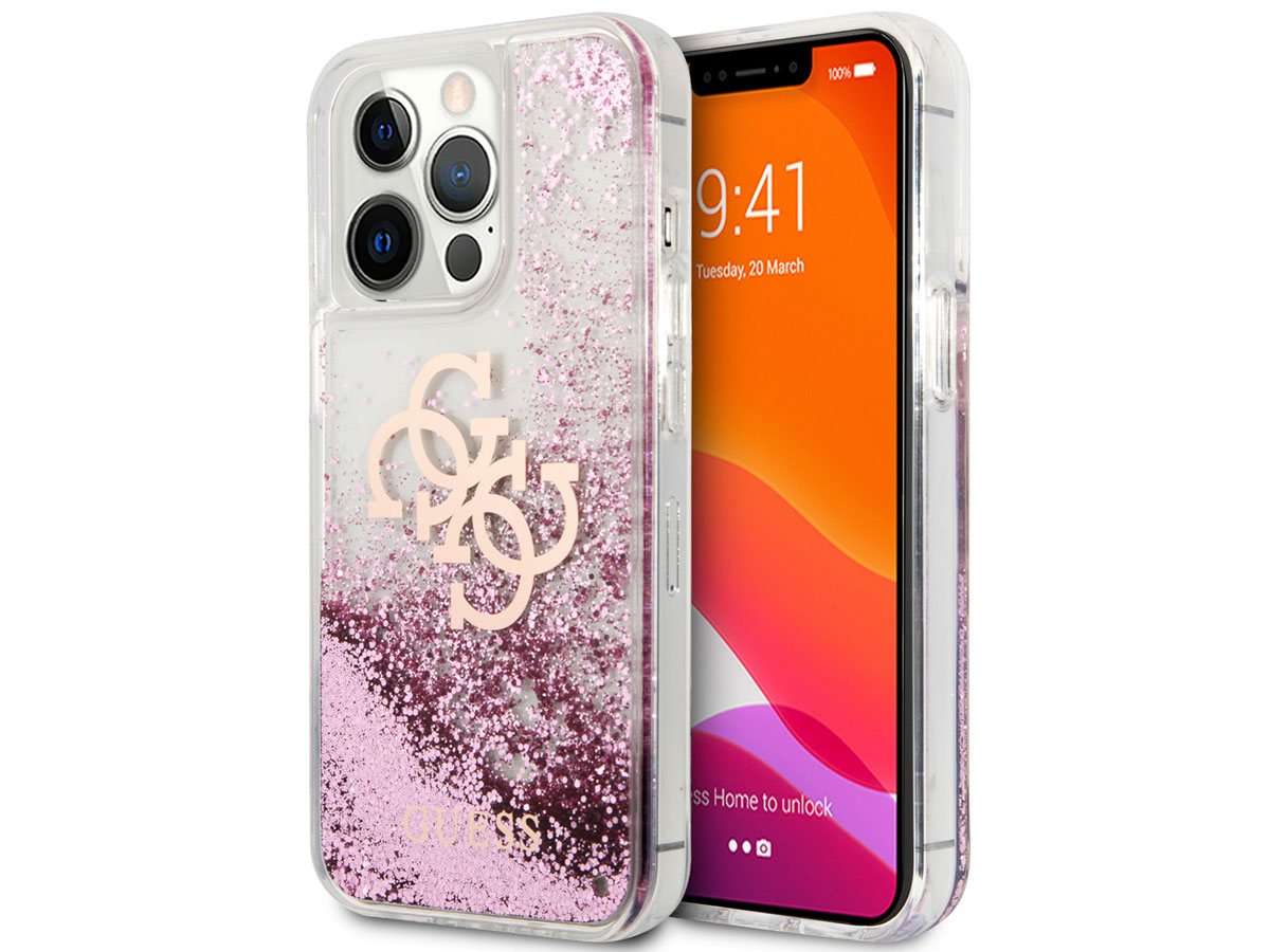 Guess Big 4G Liquid Glitter Case Roze - iPhone 13 Pro hoesje