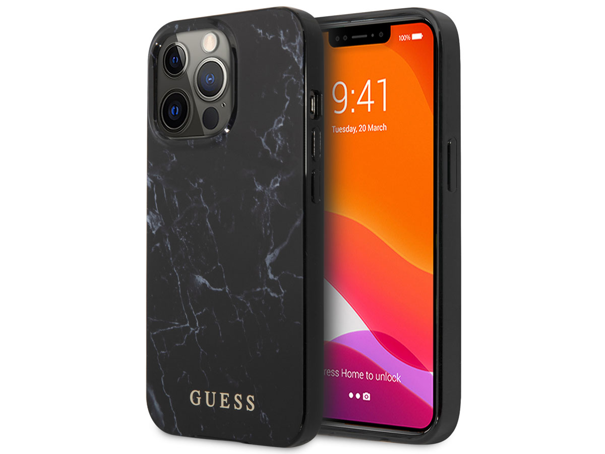 Guess Black Marble Case Zwart - iPhone 13 Pro hoesje