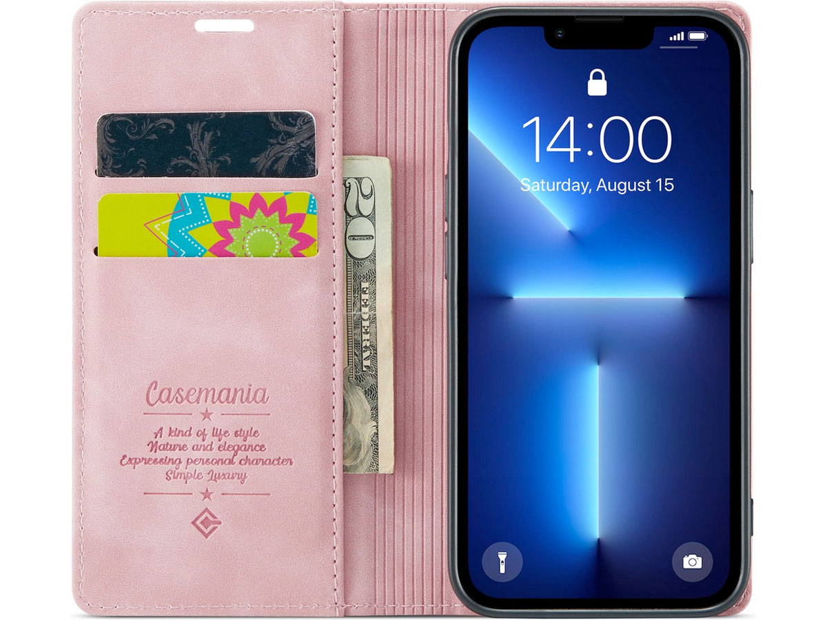 CaseMania Vintage Slim Bookcase Roze - iPhone 13 Pro Max hoesje