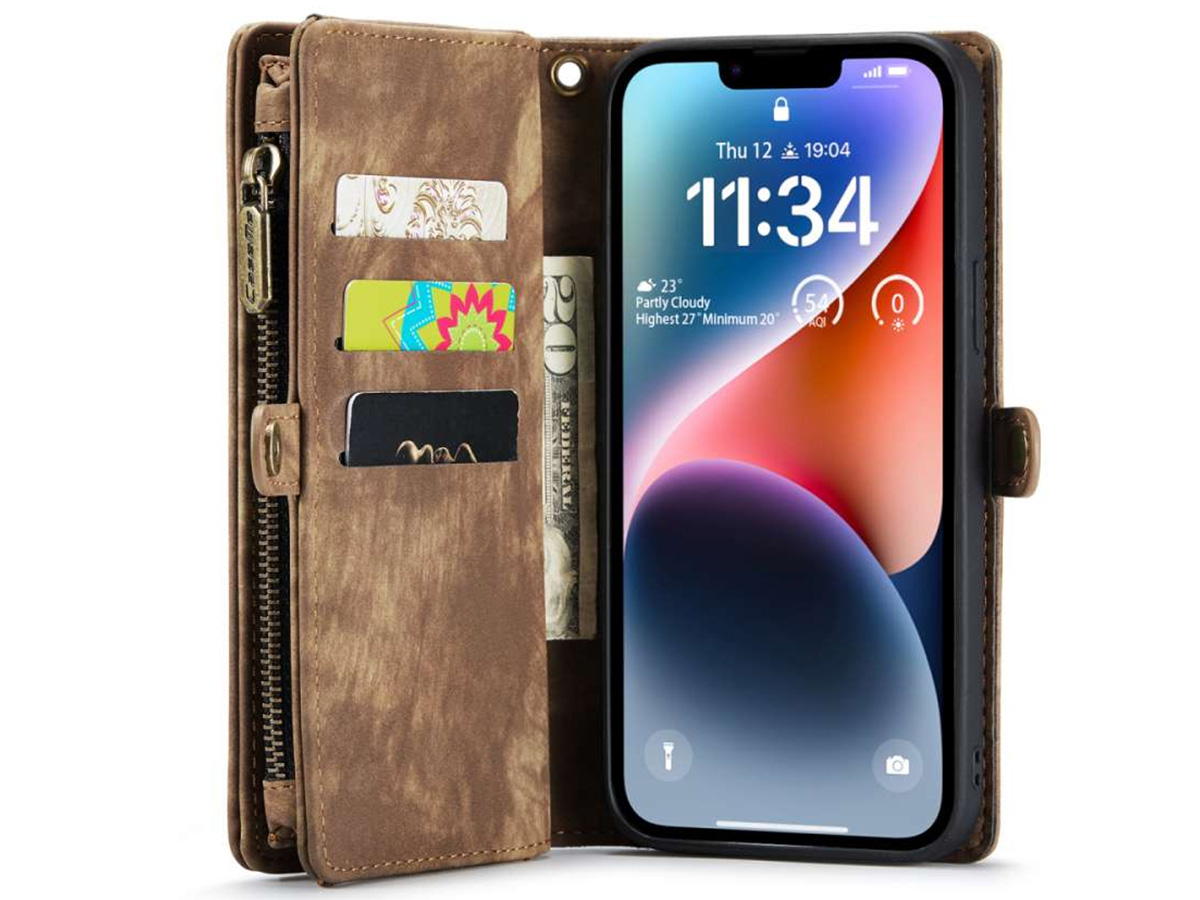 CaseMe 2in1 Wallet Case met Ritsvak Bruin - iPhone 14 Hoesje