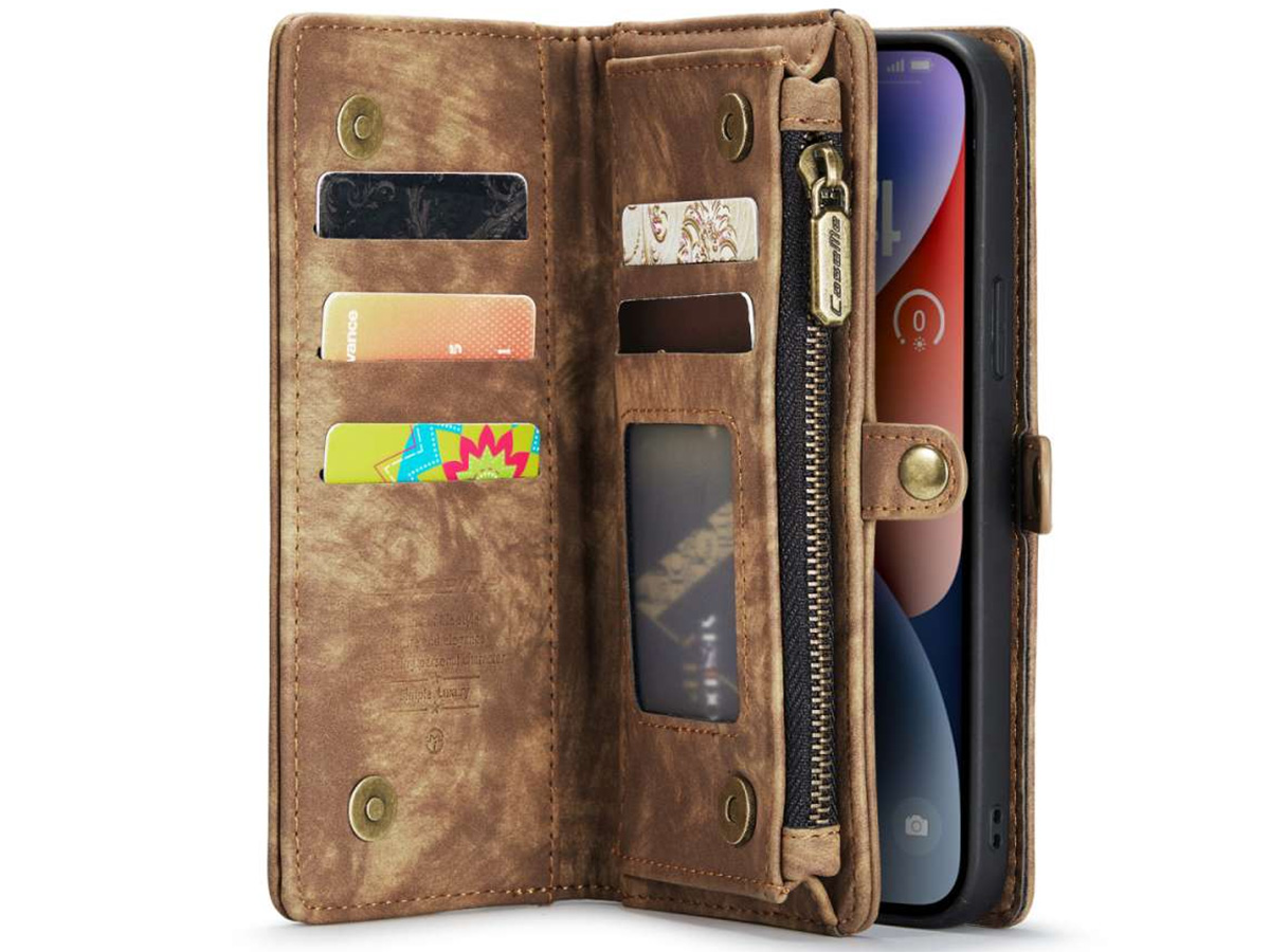 CaseMe 2in1 Wallet Case met Ritsvak Bruin - iPhone 14 Hoesje