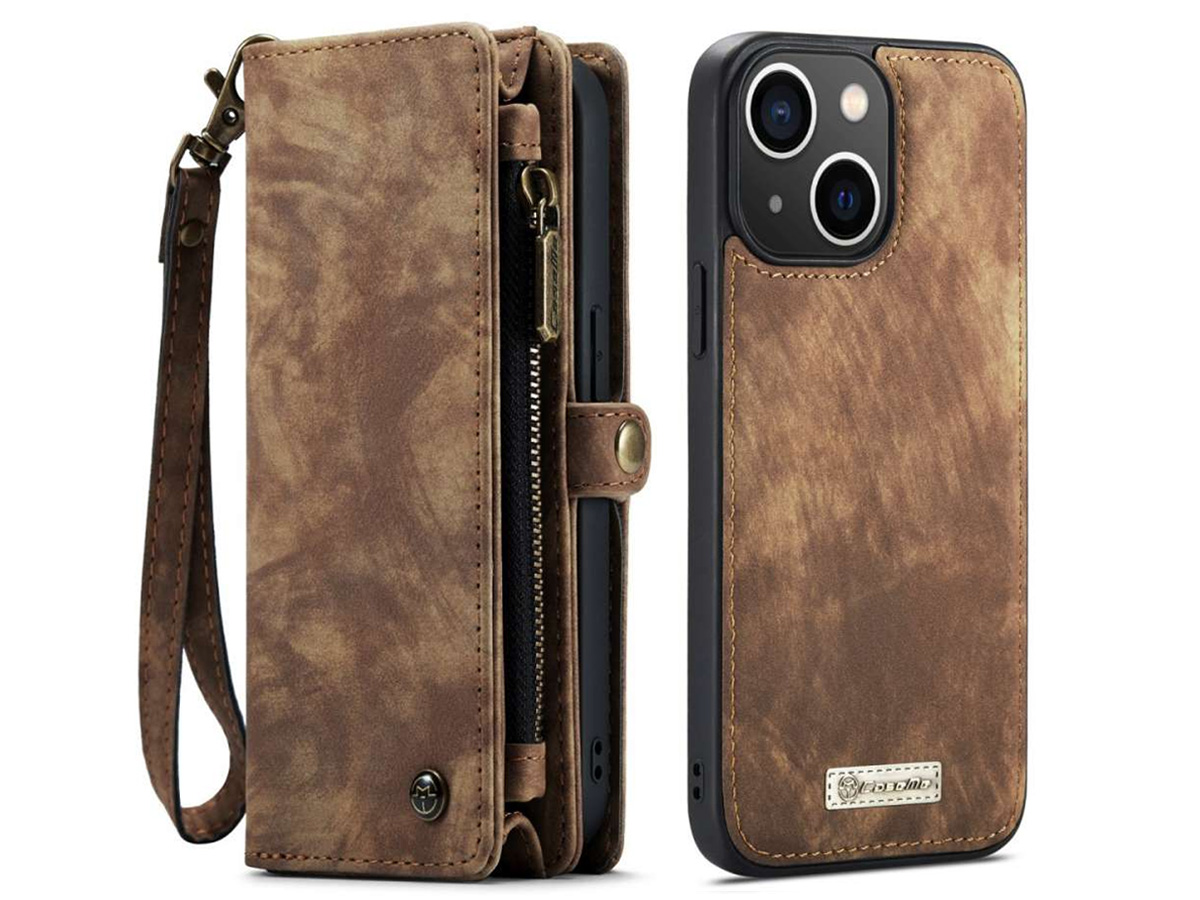 CaseMe 2in1 Wallet Case met Ritsvak Bruin - iPhone 14 Hoesje