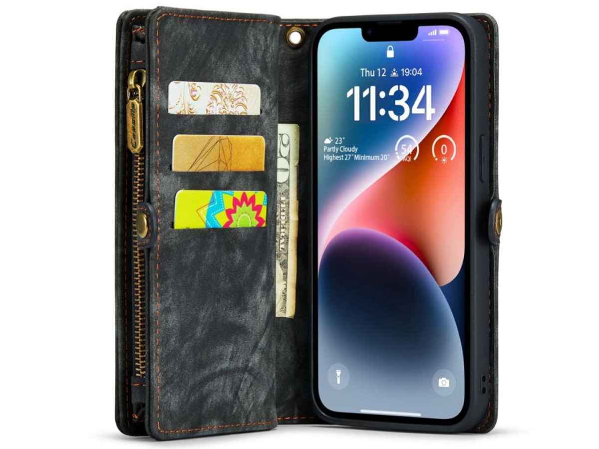 CaseMe 2in1 Wallet Case met Ritsvak Zwart - iPhone 14 Hoesje