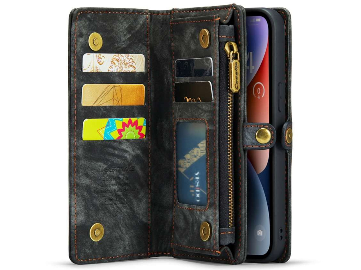 CaseMe 2in1 Wallet Case met Ritsvak Zwart - iPhone 14 Hoesje