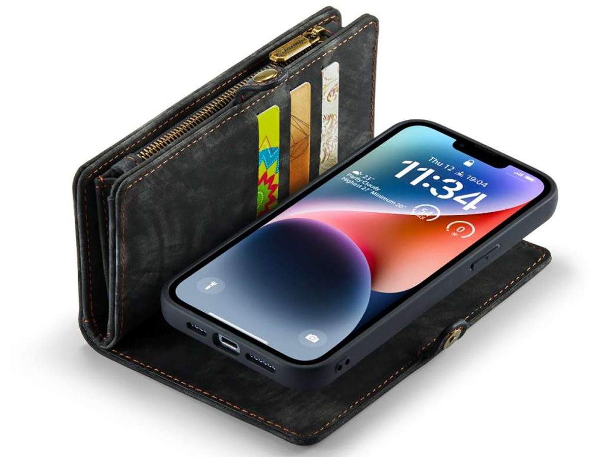 CaseMe 2in1 Wallet Case met Ritsvak Zwart - iPhone 14 Hoesje