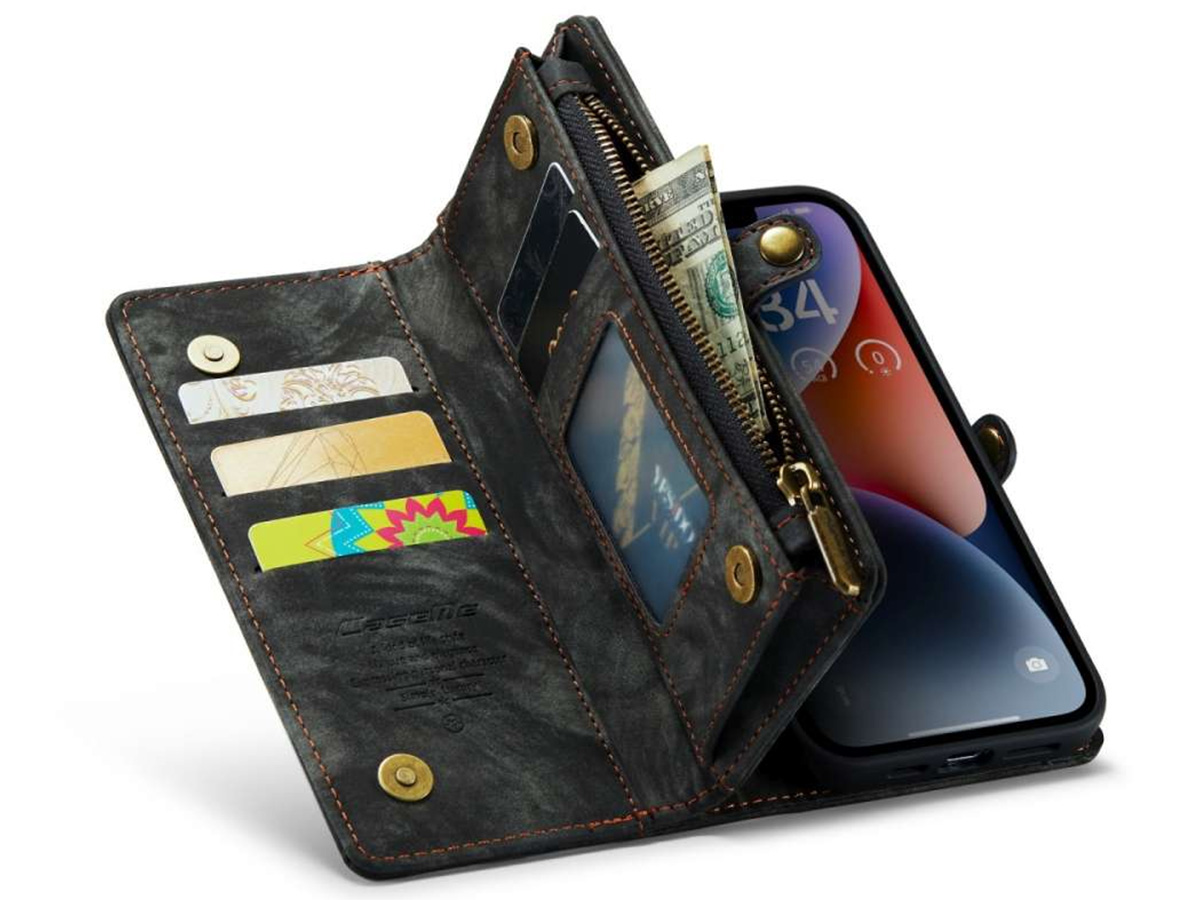 CaseMe 2in1 Wallet Case met Ritsvak Zwart - iPhone 14 Hoesje