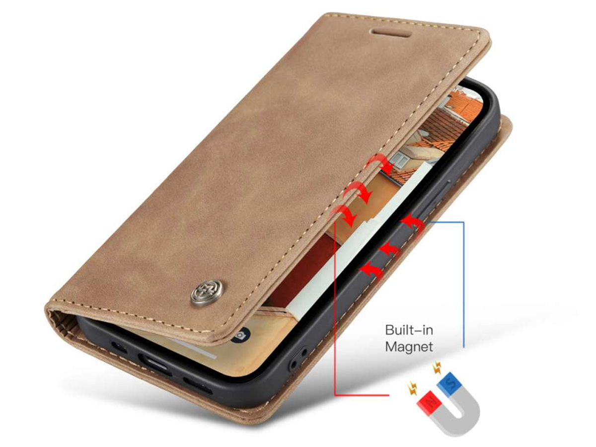 CaseMania Vintage Slim Bookcase Tan Bruin - iPhone 14 hoesje